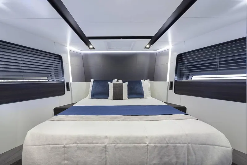 Slide: The Image of Luxurious bedroom interior of 2023 Astondoa AS8 Flybridge yacht with modern design. - 28
