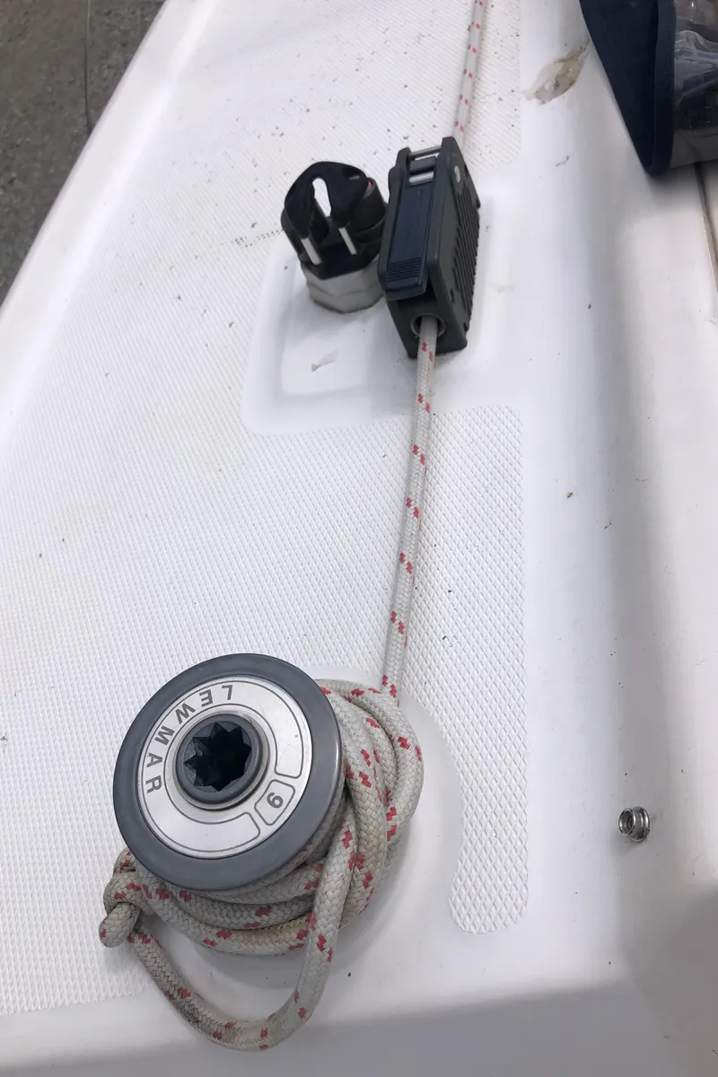 Slide: The Image of Sailboat deck with winch and cleat, Hunter 240, 1998 model. - 28
