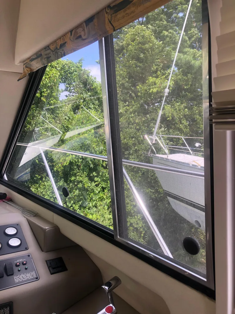 Slide: The Image of Interior view from 1996 Bayliner 3587 Motoryacht, showing lush greenery through the window. - 36