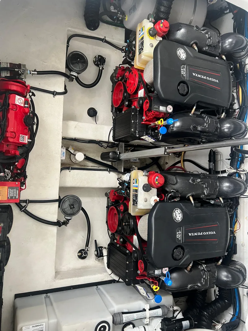 Slide: The Image of Engine room of a 2019 Monterey 378 Super Express boat with twin Volvo Penta engines. - 15