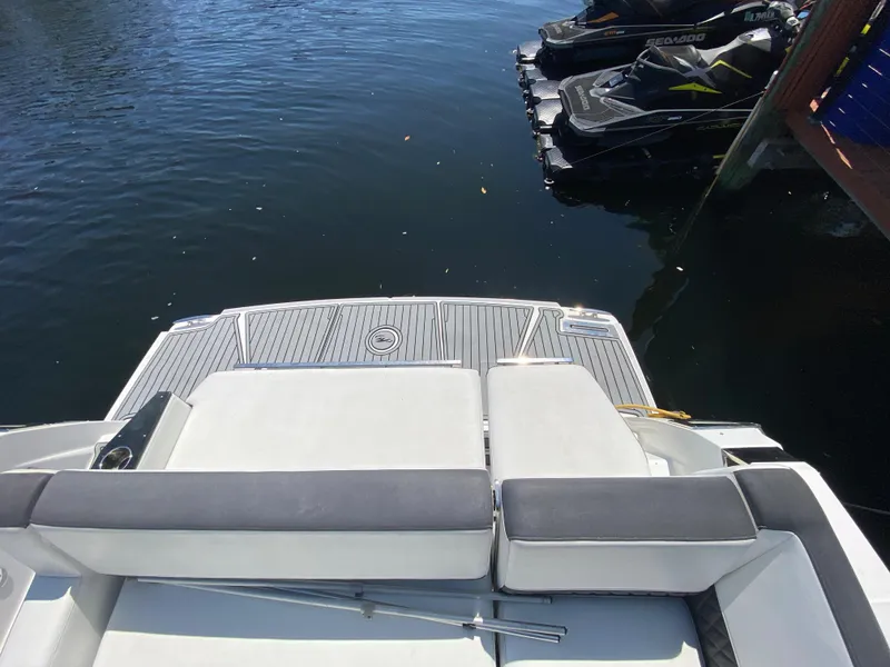 Slide: The Image of 2019 Monterey 378 Super Express boat with rear seating and swim platform. - 31