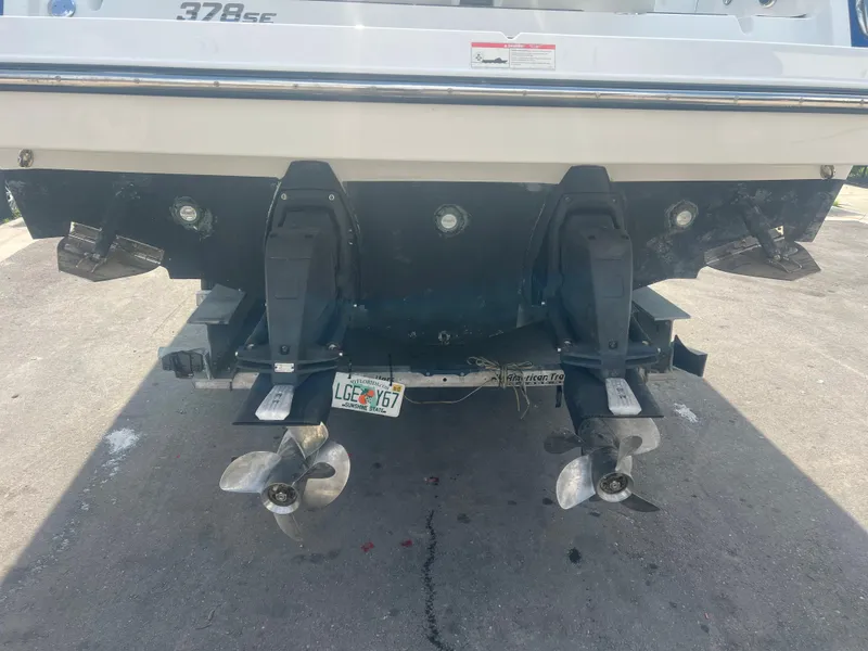 Slide: The Image of 2019 Monterey 378 Super Express boat stern with dual propellers. - 33