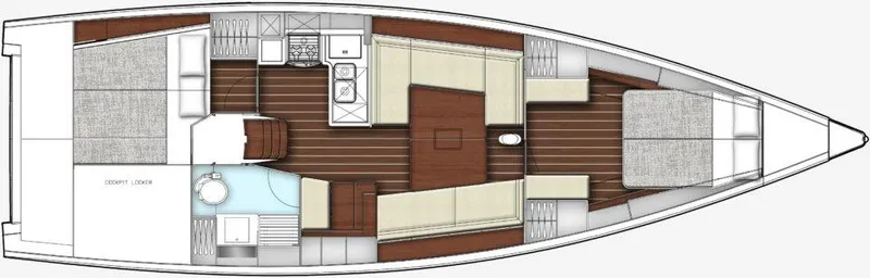 Slide: The Image of 2025 X-Yachts Pure X-4.3 interior layout with cabins, kitchen, and bathroom. - 21