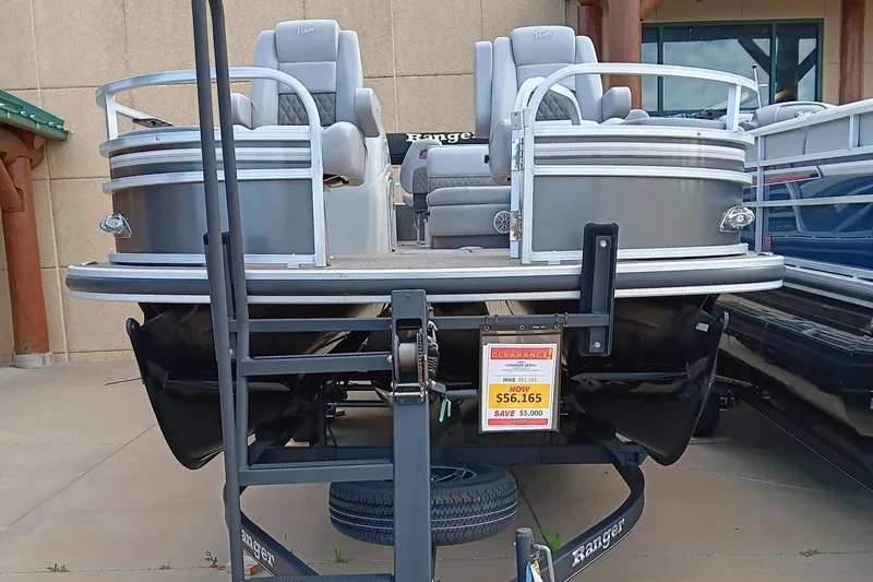 Slide: The Image of 2023 Ranger 223F pontoon boat on display with a sale price tag. - 1