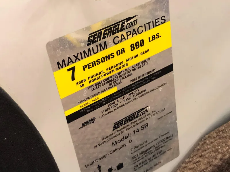 Slide: The Image of Sea Eagle 14' Inflatable Boat, 2015 model, maximum capacity label. - 9