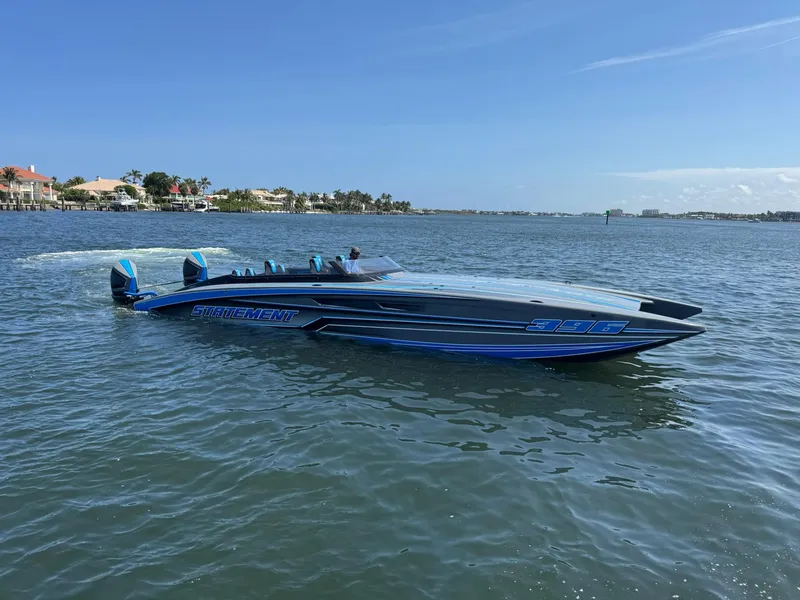 Slide: The Image of 2026 Statement 396 Cat powerboat cruising on a sunny day in calm waters. - 3