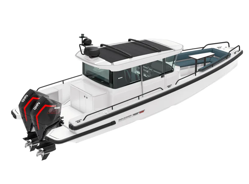 Slide: The Image of 2024 BRABUS Shadow 500 Cabin Wet Bar luxury motorboat with dual outboard engines. - 6