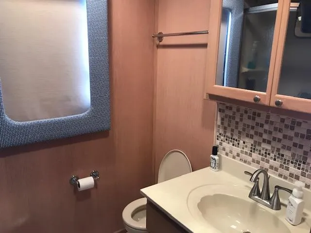 Slide: The Image of Bathroom interior of a 1997 Stardust Cruisers houseboat with modern fixtures and mosaic tiles. - 14