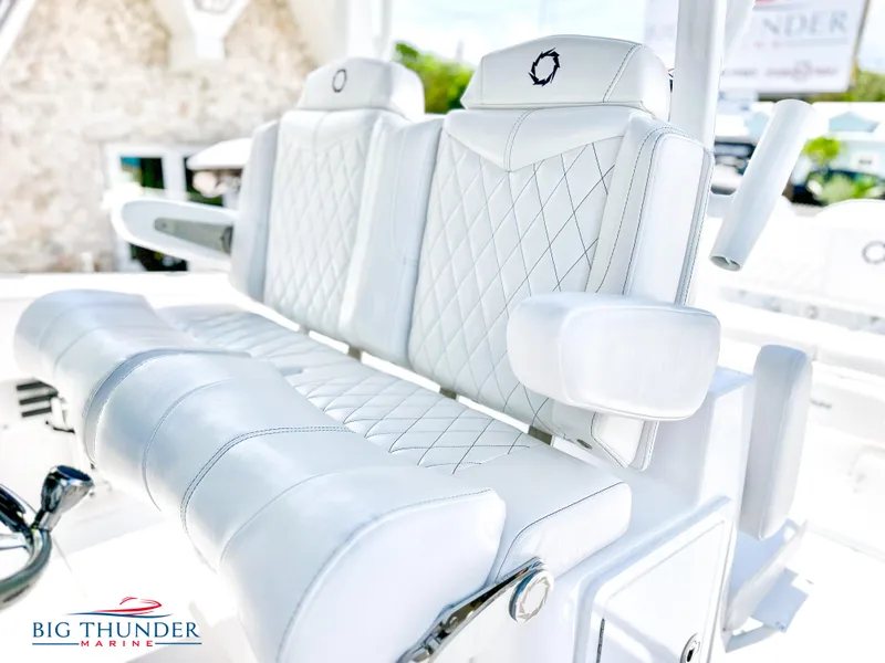 Slide: The Image of 2023 Fountain 38 CC boat with luxurious white leather seating. - 29