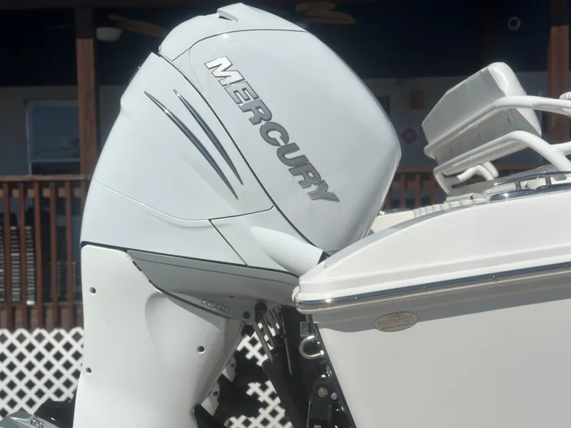 Slide: The Image of 2023 Fountain 38 CC boat with Mercury outboard engine, side view. - 5