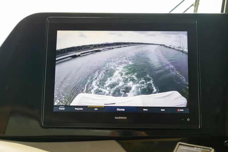 Slide: The Image of Garmin display on 2021 Princess X95 yacht showing rear view of water and dock. - 27