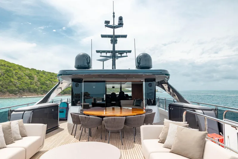 Slide: The Image of Luxurious 2021 Princess X95 yacht deck with elegant seating and ocean view. - 30