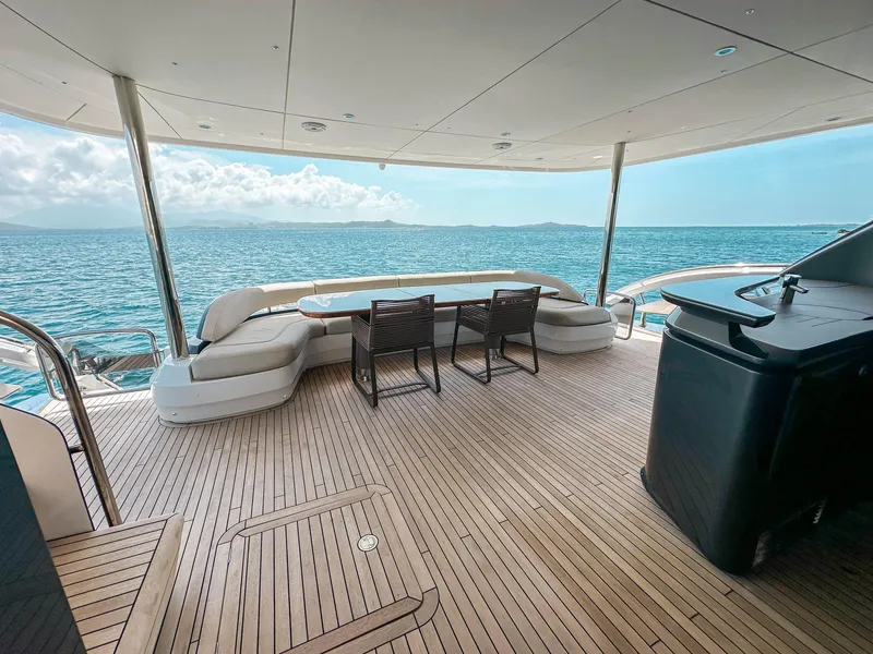 Slide: The Image of Luxurious 2021 Princess X95 yacht deck with ocean view, featuring elegant seating and wooden flooring. - 40
