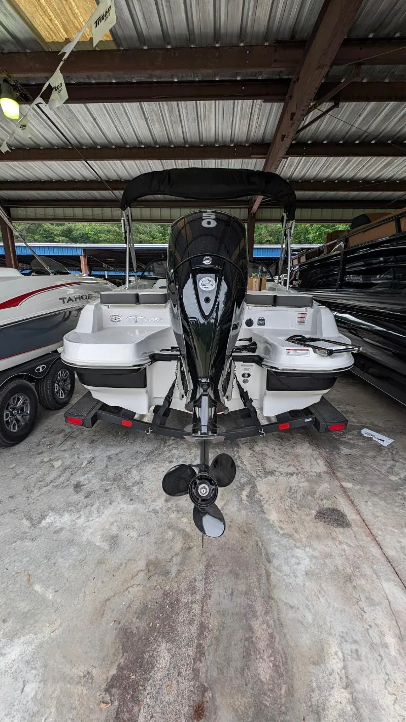 Slide: The Image of 2023 Tahoe 185 S boat in storage, rear view with outboard motor. - 2
