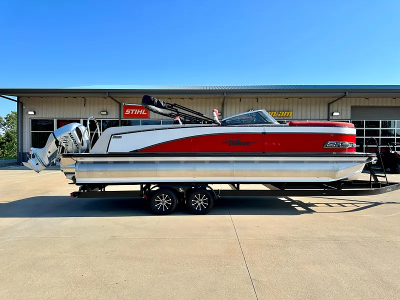 Slide: The Image of 2023 Tahoe Pontoon Cascade Versatile Rear Bench 25 FT Triple 25 SP on trailer. - 4