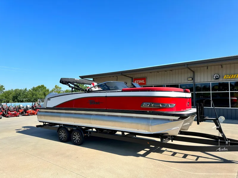 Slide: The Image of 2023 Tahoe Pontoon Cascade Versatile Rear Bench 25 FT Triple 25 SP on trailer. - 5