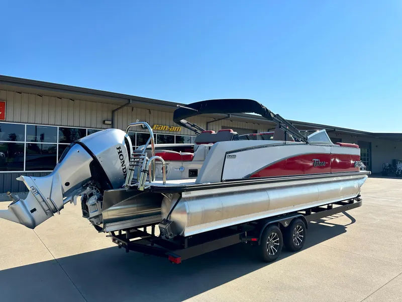 Slide: The Image of 2023 Tahoe Pontoon Cascade Versatile Rear Bench 25 FT Triple 25 SP on trailer. - 7