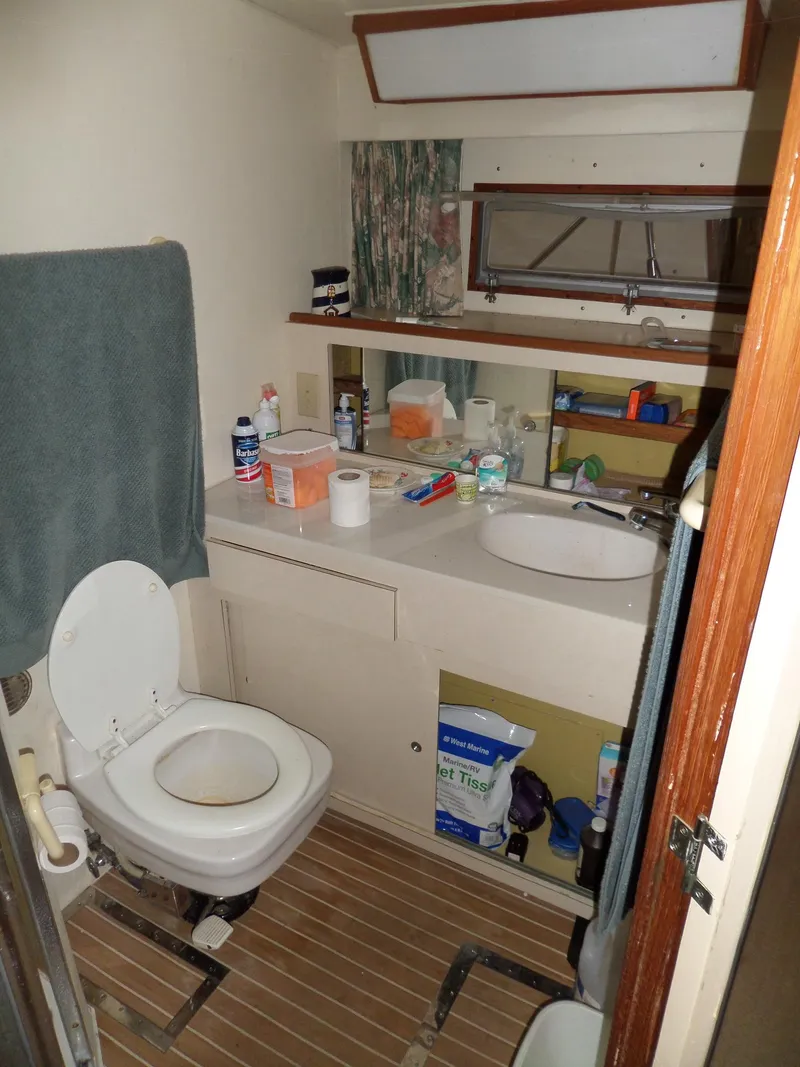 Slide: The Image of 1978 Bertram 42 Flybridge Motor Yacht bathroom with sink, toilet, and storage shelves. - 16