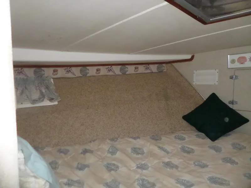 Slide: The Image of Cozy cabin interior of 1978 Bertram 42 Flybridge Motor Yacht with patterned bedding. - 24