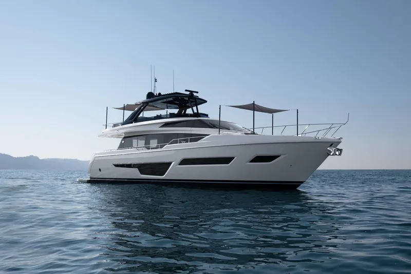 Slide: The Image of 2024 Ferretti Yachts 780 luxury yacht on calm sea. - 0