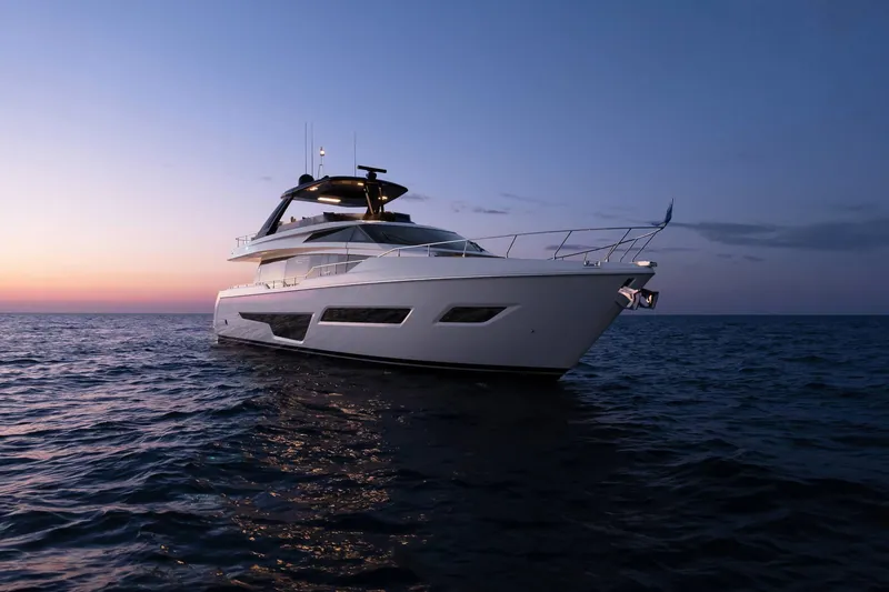 Slide: The Image of 2024 Ferretti Yachts 780 luxury yacht at sunset on the open sea. - 23