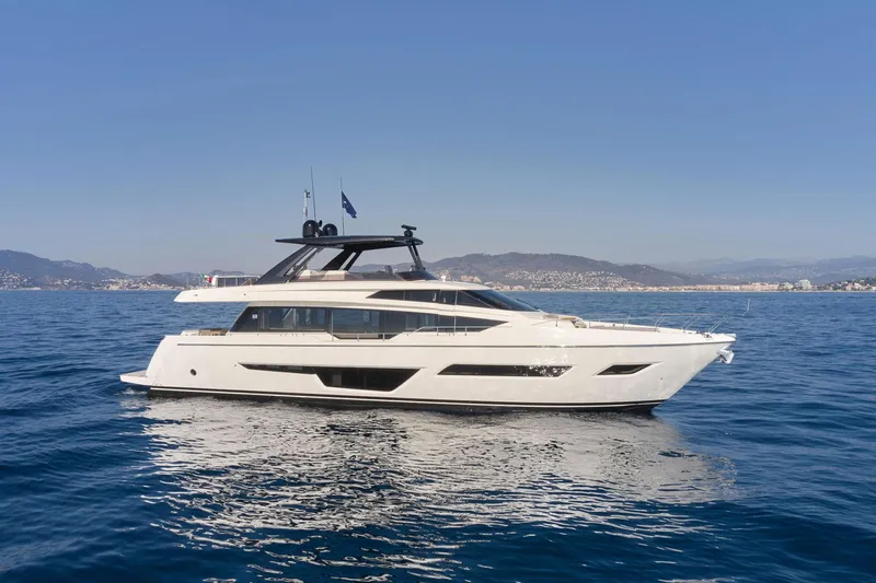 Slide: The Image of 2024 Ferretti Yachts 780 luxury yacht cruising on open water. - 27