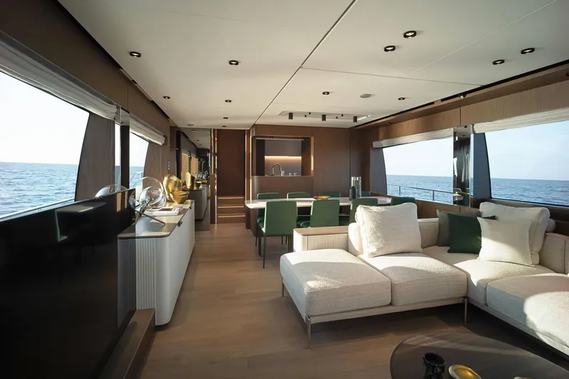 Slide: The Image of Luxurious interior of 2024 Ferretti Yachts 780 with modern furnishings and ocean view. - 29