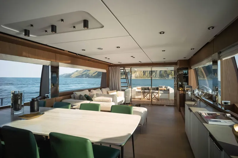 Slide: The Image of Luxurious interior of 2024 Ferretti Yachts 780 with ocean view and modern furnishings. - 30