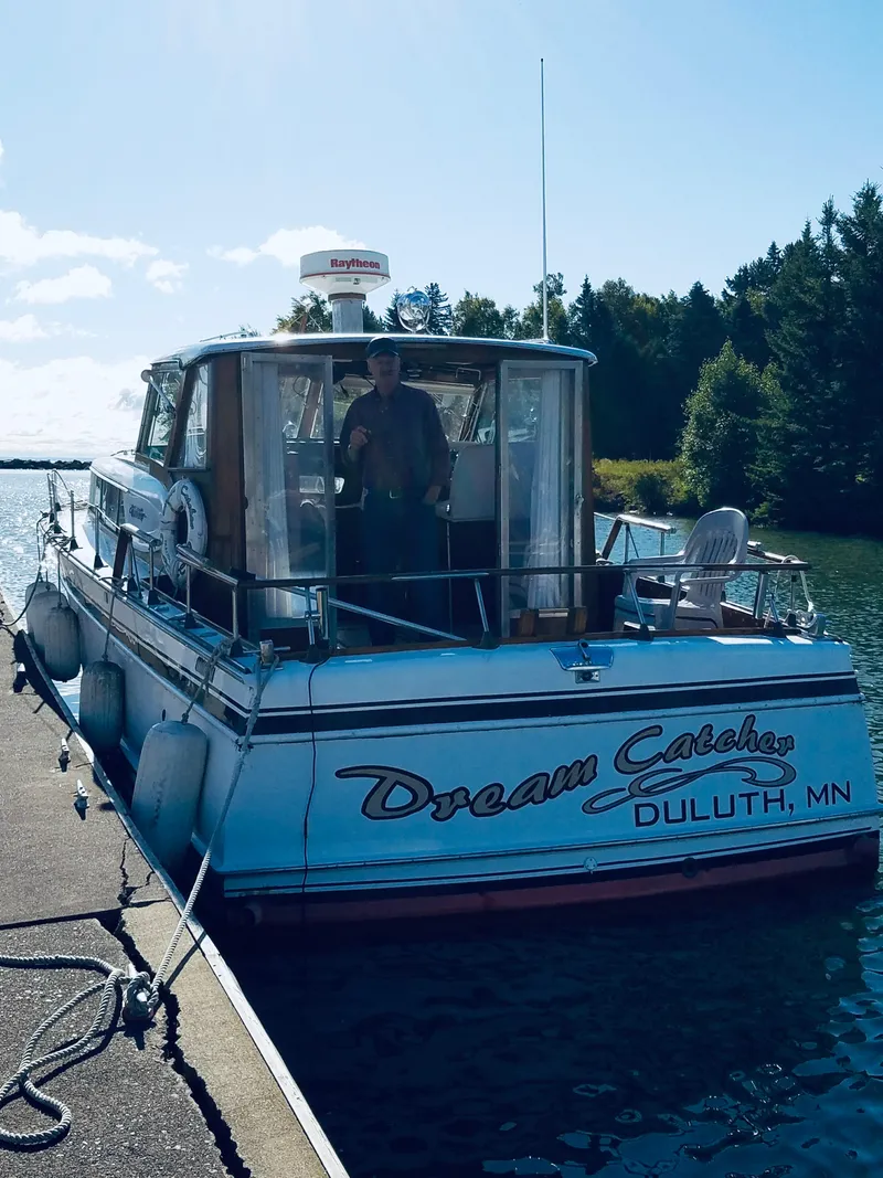 Slide: The Image of 1962 Chris-Craft Roamer boat named "Dream Catcher" docked in Duluth, MN. - 1