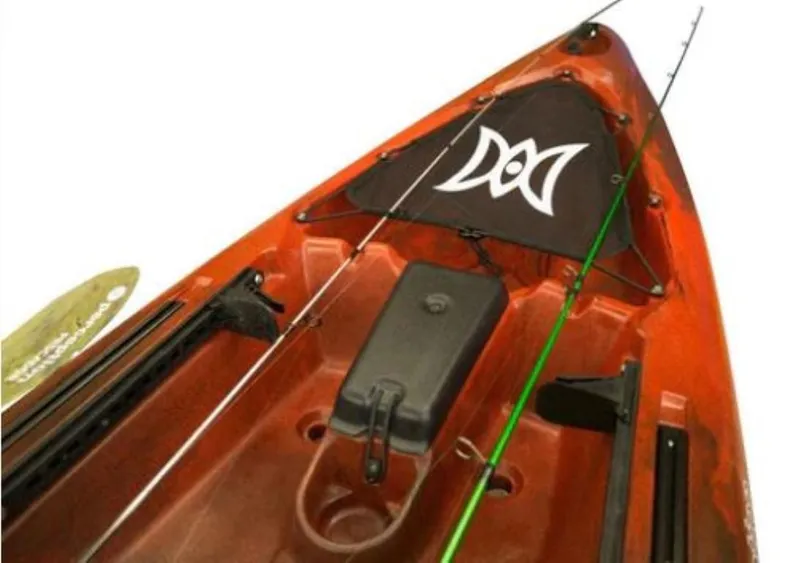 Slide: The Image of Perception Kayaks Pro 12, 2023 model, red kayak with fishing rod holders and storage. - 7