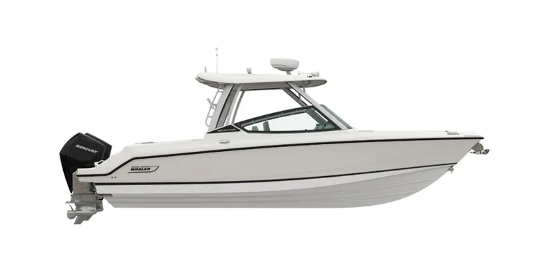 Slide: The Image of 2024 Boston Whaler 280 Vantage boat, side view, white hull, outboard motor. - 29