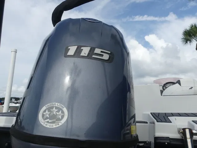 Slide: The Image of Close-up of an outboard motor labeled "115". The sky is cloudy. - 12