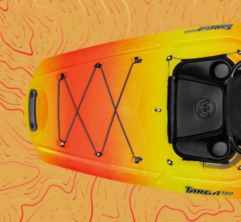 Slide: The Image of Top view of 2023 Wilderness Systems Targa 100 kayak in orange and yellow. - 2