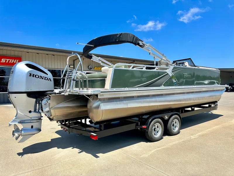 Slide: The Image of 2023 Tahoe Pontoon LTZ Cruise 25 FT Triple 25 WG with Honda outboard motor. - 5