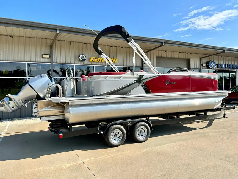 Slide: The Image of 2023 Tahoe Pontoon LTZ QUAD Lounger 23 FT Triple 25 SP on trailer, side view. - 3