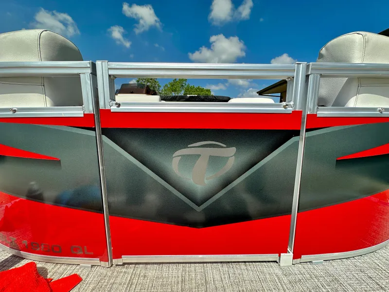 Slide: The Image of 2023 Tahoe Pontoon SLT 1980 GL, red and black design, close-up view. - 4