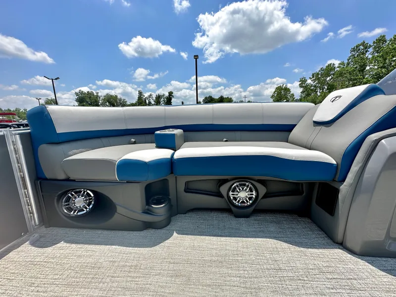 Slide: The Image of 2023 Tahoe Pontoon Cascade Cruise 25 FT Triple 25 WG interior seating with blue and gray upholstery. - 17