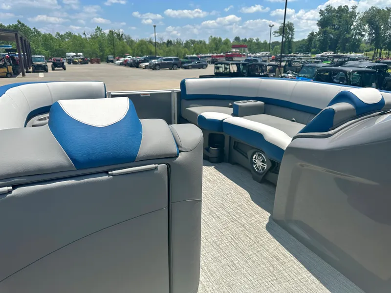 Slide: The Image of 2023 Tahoe Pontoon Cascade Cruise 25 FT Triple 25 WG interior with gray and blue seating. - 19