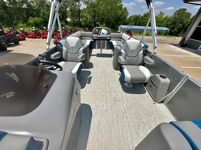 Slide: The Image of 2023 Tahoe Pontoon Cascade Cruise 25 FT Triple 25 WG interior with seating and helm. - 8