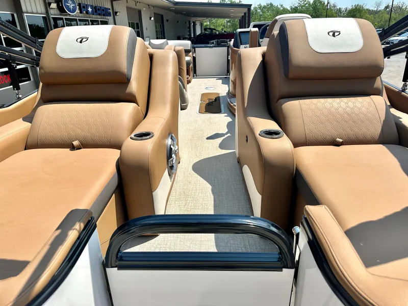 Slide: The Image of 2023 Tahoe Pontoon Cascade Cruise 25 FT Triple 27 WG interior with tan seating. - 16