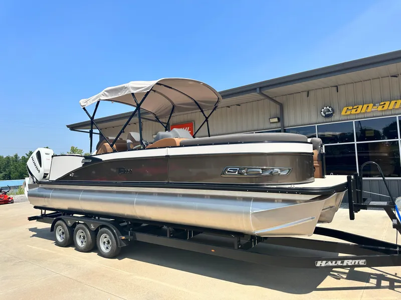 Slide: The Image of 2023 Tahoe Pontoon Cascade Cruise 25 FT Triple 27 WG on trailer outside dealership. - 3