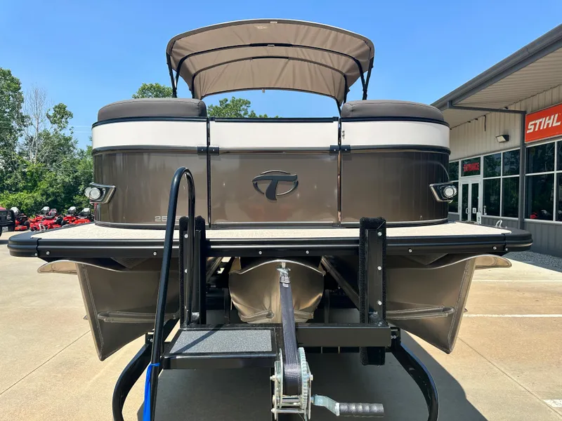 Slide: The Image of 2023 Tahoe Pontoon Cascade Cruise 25 FT Triple 27 WG on trailer, rear view. - 4