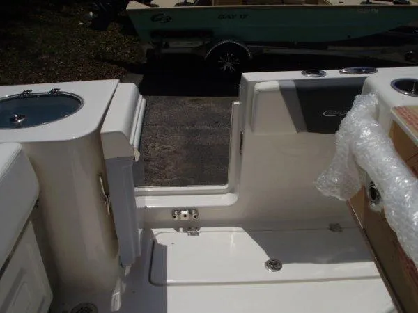 Slide: The Image of 2023 Robalo R250 boat interior, featuring a clean, white deck and storage compartments. - 6