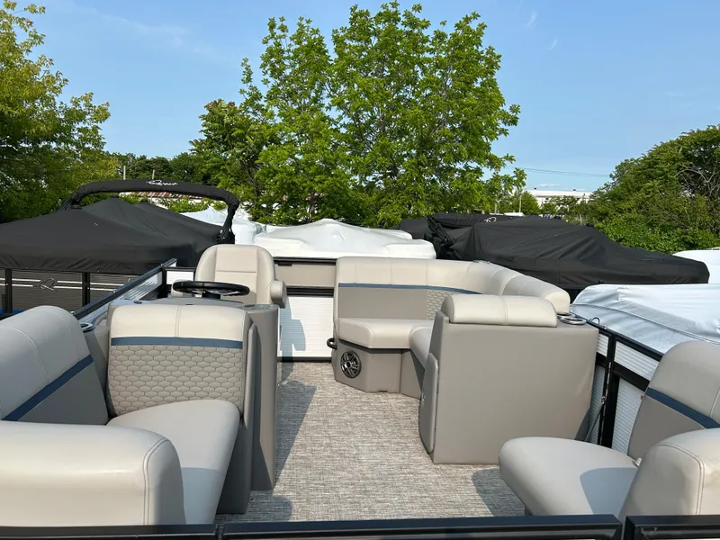 Slide: The Image of 2023 Qwest E 816 Lanai LT pontoon boat with spacious seating and modern design. - 10