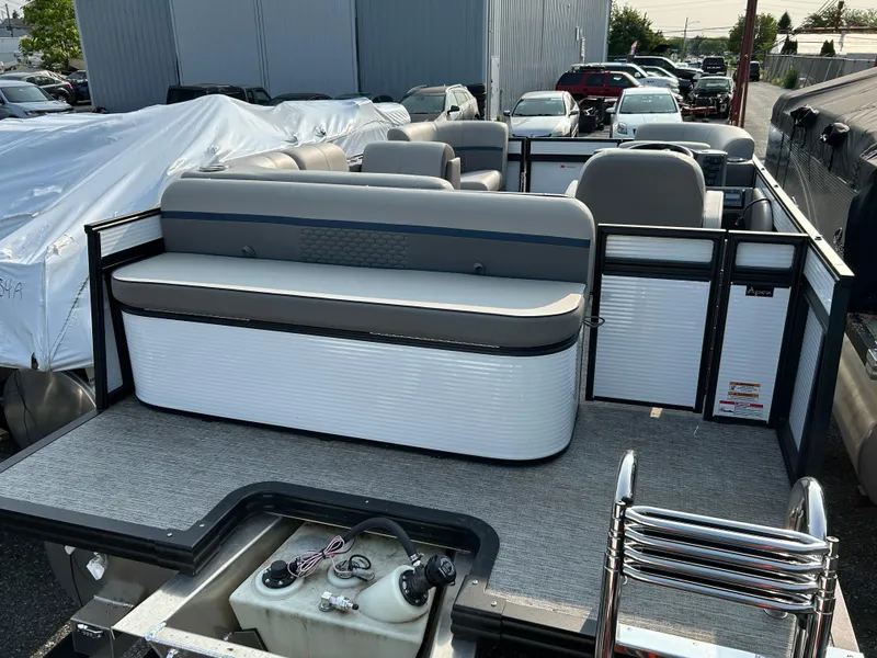 Slide: The Image of 2023 Qwest E 816 Lanai LT pontoon boat with spacious seating and modern design. - 4