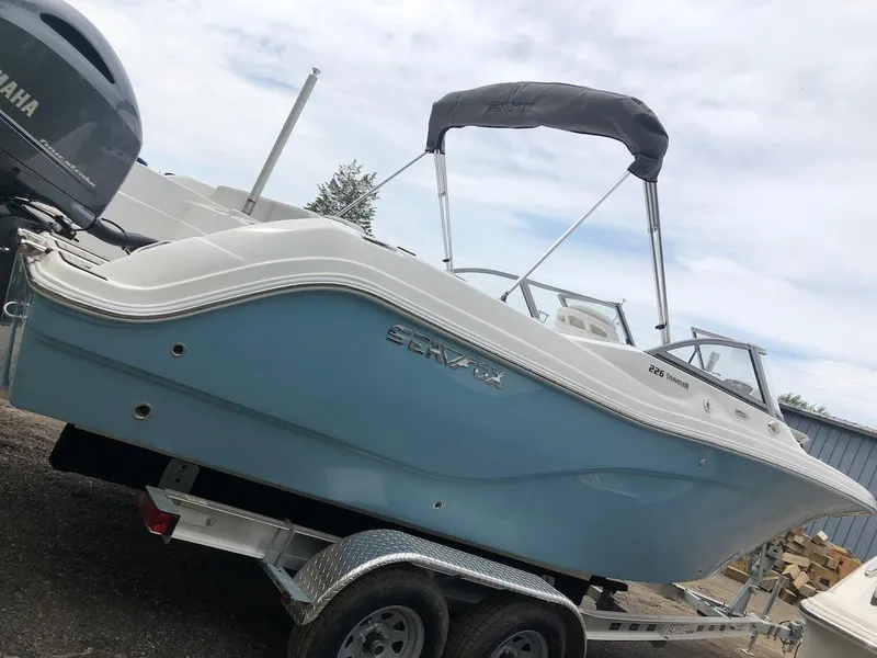 Slide: The Image of 2023 Sea Fox 226 Traveler boat on trailer with Yamaha outboard motor. - 1