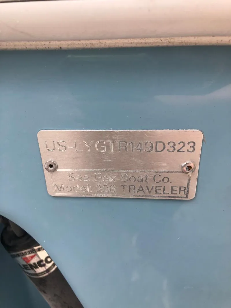 Slide: The Image of Metal identification plate on a 2023 Sea Fox 226 Traveler boat. - 12