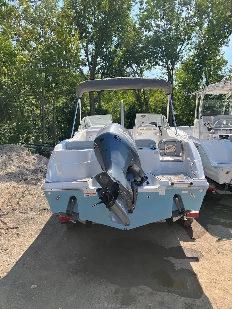 Slide: The Image of 2023 Sea Fox 226 Traveler boat with outboard motor, rear view. - 14