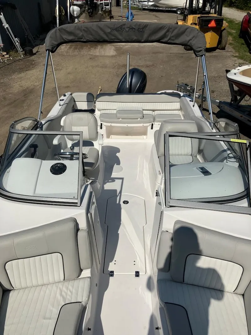 Slide: The Image of 2023 Sea Fox 226 Traveler boat interior with seating and windshield. - 26