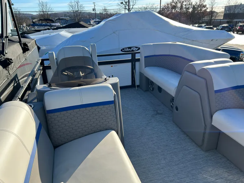 Slide: The Image of 2023 Qwest 814 CTR Cruise boat interior with spacious seating and modern design. - 5